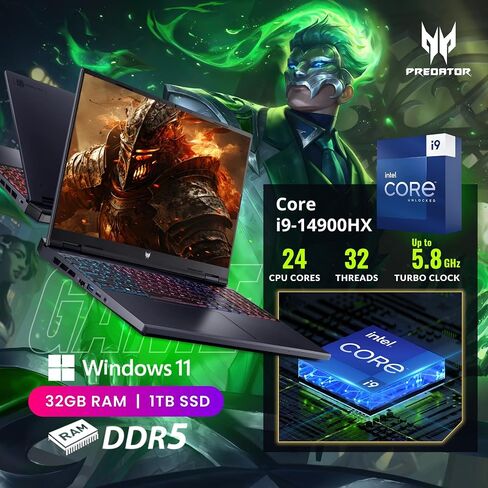 Acer Predator Helios Neo 16 Gaming Laptop, 16" 165Hz WUXGA Display, Core i9-14900HX(5.80 GHz), GeForce RTX 4060, RGB Backlit Keyboard, Copilot AI Laptop, Windows 11 Home,Black(64GB DDR5 RAM | 2TB SSD) in Saudi Arabia
