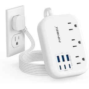 3 FT White Extension Cord, Small Flat Plug Power Strip with 6 USB Wall Charger (4.8A 24W), 3 Prong Mini Charging Station, Short Outlet Extender with 3 Outlets for Indoor Office Home Dorm Essentials