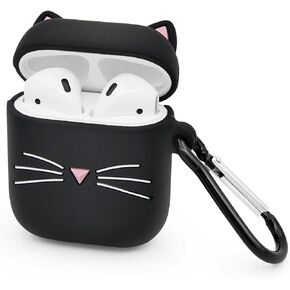 for AirPods 4 Case, Cute Black Whisker Cat AirPods 4th Generation (2024) Case Funny 3D Cartoon Animal Shockproof Soft Silicone Charging Case Cover with Carabiner for Kids Girls Women