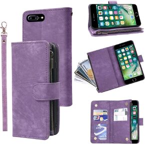 Compatible with iPhone 7plus 8plus 7/8 Plus Wallet Case and Premium Vintage Leather Flip Credit Card Holder Stand Cell Accessories Phone Cover for i Phone7s 7s + 7+ 8s 8+ Phones8 7p 8p Women Men Black