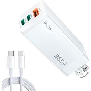 Bwine 65W USB C Charger, 3-Port GaN Fast Wall Charger, Foldable Charging Block for Drones,iPhone 16/pro,Galaxy S24,iPad Pro/Air,Note 20/10+,Switch and More,White