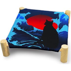Cat Hammock Bed, Japanese Waves Cat Beds, Wooden Cat Beds for Cats, Small Dog, Breathable Indoor Cat Bed for All Seasons, Indoor Pet Beds, Rabbit Bed, Cute Pet Sleeping Beds Blue Cat Hammock