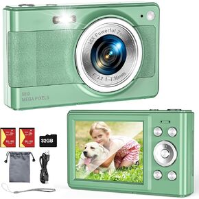 Upgrade Digital Camera, 56MP FHD 1080P Camera for Kids with 16x Zoom Anti Shake, Kid Camera with 32GB TF Card, Two Batteries, Lanyard, Compact Small Camera for Kids Boys Girls（Green）