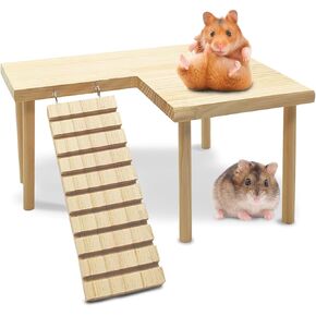 kathson Hamster Wooden Platform with Ladder Natural Small Animal Standing Platform Guinea Pig Cage Landscaping Platform for Small Animals Syrian Rat Golden Bear Chinchilla