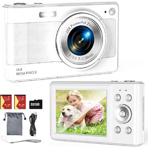 Upgrade Digital Camera, 56MP FHD 1080P Camera for Kids with 16x Zoom Anti Shake, Kid Camera with 32GB TF Card, Two Batteries, Lanyard, Compact Small Camera for Kids Boys Girls（White）