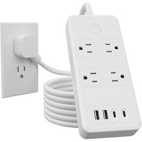 Flat Plug Surge Protector Power Strip with 5FT Extension Cord, 4 Outlets 4 USB Ports (2 USB C), Perfect for Home Office, Gaming Room, and Dorm Room Essentials, Wall Mountable, ETL Listed, Black