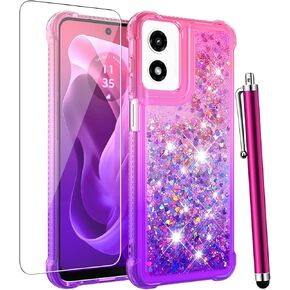 for Moto G Play 2024 Case with Screen Protector, Cute Women Girls Glitter Bling Liquid Floating Phone Case Slim TPU Soft Silicone Shockproof Girly Cover for Motorola G Play 2024 -Pink Purple