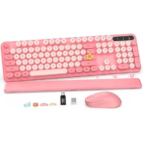 Wireless Keyboard and Mouse Combo, Round Keycaps, Full-Size Retro Typewriter Keyboard with Detachable Wrist Rest, Sleep Mode & Tilt Legs, 2.4GHz Cordless Connection for Mac/Windows/PC