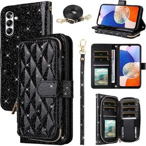 Wallet Case for Samsung Galaxy A25 5G/A24 4G/M34 /F34 with Wrist Strap Crossbody Shoulder Strap 9 Card Slots Zipper Purse,Luxury PU Leather Stand Phone Cover for A 25 25A 24A LTE Girls Purple