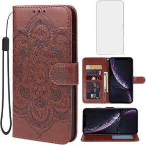 Case for iPhone XR Case, Apple XR Wallet Case with Tempered Glass Screen Protector, Embossed Mandala Leather Flip Credit Card Holder Stand Phone Cover Cases for Apple iPhone XR Blue