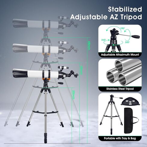 Telescopes for Adults Astronomy, 80mm Aperture 600mm Refractor Telescope for Kids Adults Beginners, Compact and Portable Travel Telescopio with Wireless Remote,Astronomical Telescope for Beginners in Saudi Arabia