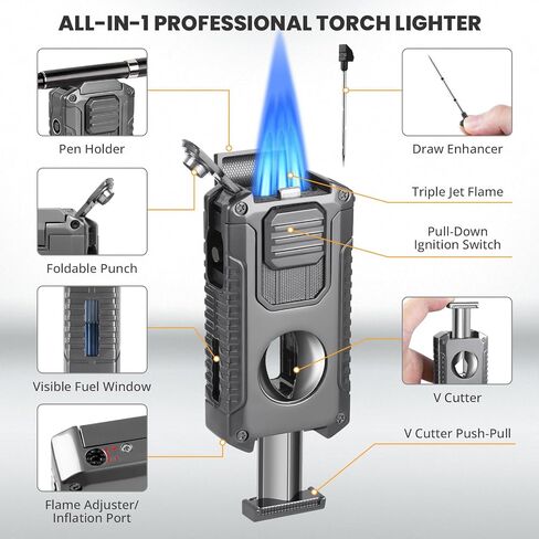 Torch Lighter with Built-in Holder, Punch, Draw Enhancer, Refillable Butane Torch Lighters, Windproof Adjustable Jet Flame Lighter, Multifunctional Lighter Set, Cool Lighter Accessories, Gifts for Men in Saudi Arabia