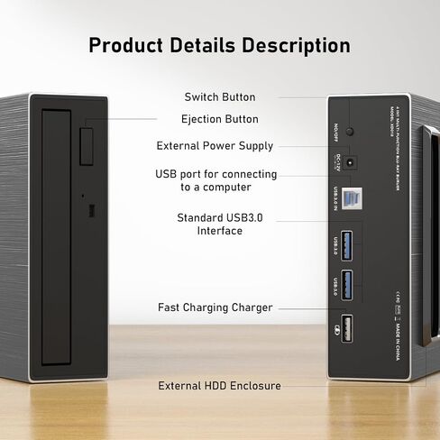 External Blu Ray Drive, USB 3.0 & Type-C Blu Ray Burner, DVD+/-RW BD CD DVD Player, 3D Portable Blu Ray Player, External Optical Drive for Windows XP/7/8/10, MacOS, Laptop, Desktop in Saudi Arabia