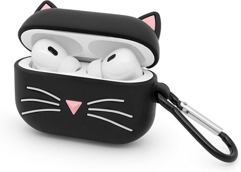 for AirPods 4 Case, Cute Black Whisker Cat AirPods 4th Generation (2024) Case Funny 3D Cartoon Animal Shockproof Soft Silicone Charging Case Cover with Carabiner for Kids Girls Women in Kuwait