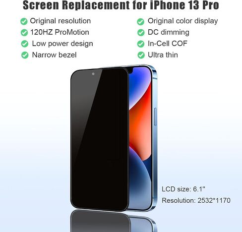 for iPhone 13 Pro Max Screen Replacement, 6.7-inch LCD COF Display (for A2484, A2641, A2644, A2645, A2643), Touch Digitizer Full Assembly with Waterproof Tape, 120Hz Promotion, Screen Protector in Saudi Arabia