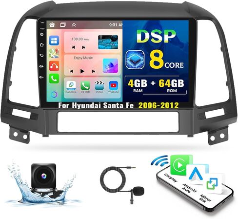 4+64G Android 13 Car Radio for Hyundai Santa Fe 2006-2012, 9'' HD 1280 * 720 Touchscreen Bluetooth Car Stereo with Wireless CarPlay Android Auto Mirror Link GPS Navi,WiFi,32EQ DSP,SWC+Camera&Mic in Saudi Arabia