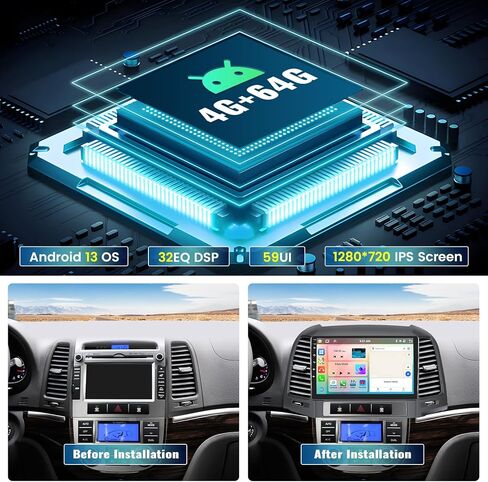 4+64G Android 13 Car Radio for Hyundai Santa Fe 2006-2012, 9'' HD 1280 * 720 Touchscreen Bluetooth Car Stereo with Wireless CarPlay Android Auto Mirror Link GPS Navi,WiFi,32EQ DSP,SWC+Camera&Mic in Saudi Arabia