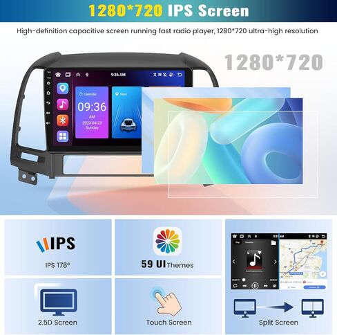 4+64G Android 13 Car Radio for Hyundai Santa Fe 2006-2012, 9'' HD 1280 * 720 Touchscreen Bluetooth Car Stereo with Wireless CarPlay Android Auto Mirror Link GPS Navi,WiFi,32EQ DSP,SWC+Camera&Mic in Saudi Arabia