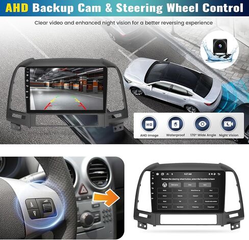 4+64G Android 13 Car Radio for Hyundai Santa Fe 2006-2012, 9'' HD 1280 * 720 Touchscreen Bluetooth Car Stereo with Wireless CarPlay Android Auto Mirror Link GPS Navi,WiFi,32EQ DSP,SWC+Camera&Mic in Saudi Arabia
