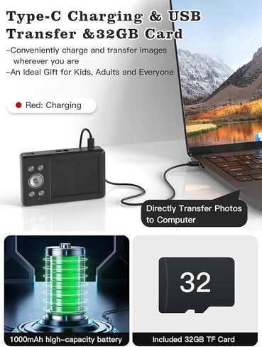 Upgrade Digital Camera, 56MP FHD 1080P Camera for Kids with 16x Zoom Anti Shake, Kid Camera with 32GB TF Card, Two Batteries, Lanyard, Compact Small Camera for Kids Boys Girls（White） in Saudi Arabia