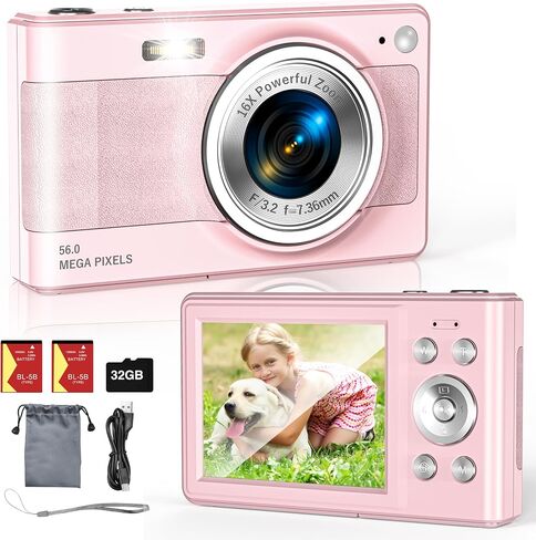 Upgrade Digital Camera, 56MP FHD 1080P Camera for Kids with 16x Zoom Anti Shake, Kid Camera with 32GB TF Card, Two Batteries, Lanyard, Compact Small Camera for Kids Boys Girls（White） in Saudi Arabia