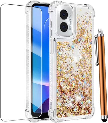 for Moto G Play 2024 Case with Screen Protector, Cute Women Girls Glitter Bling Liquid Floating Phone Case Slim TPU Soft Silicone Shockproof Girly Cover for Motorola G Play 2024 -Pink Purple in Saudi Arabia