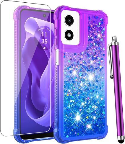 for Moto G Play 2024 Case with Screen Protector, Cute Women Girls Glitter Bling Liquid Floating Phone Case Slim TPU Soft Silicone Shockproof Girly Cover for Motorola G Play 2024 -Pink Purple in Saudi Arabia