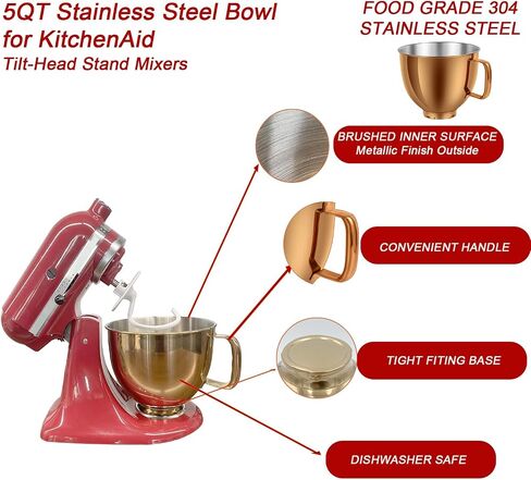 5 QT Stainless Steel Mixer Bowl Compatible with KitchenAid Artisan&Classic Series 4.5-5QT Tilt-Head Mixers K45 KSM70 KSM150 etc. Replacment for KitchenAid Mixer Bowl(Heavy Duty Radiant Gold) in Saudi Arabia