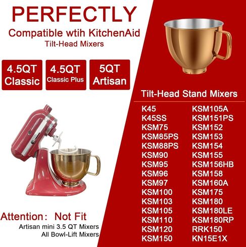 5 QT Stainless Steel Mixer Bowl Compatible with KitchenAid Artisan&Classic Series 4.5-5QT Tilt-Head Mixers K45 KSM70 KSM150 etc. Replacment for KitchenAid Mixer Bowl(Heavy Duty Radiant Gold) in Saudi Arabia