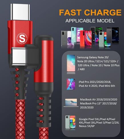 USB-C to USB-C Cable 60w [2-Pack 6.6ft], Right Angle iPhone 16 Fast Charger Cord for iPhone 15 16 Pro Max Plus, MacBook Air/Pro,iPad Air/Pro Samsung Galaxy S25 S24 S23 S22 S21 S20, Note 20 10 Pixel in Saudi Arabia