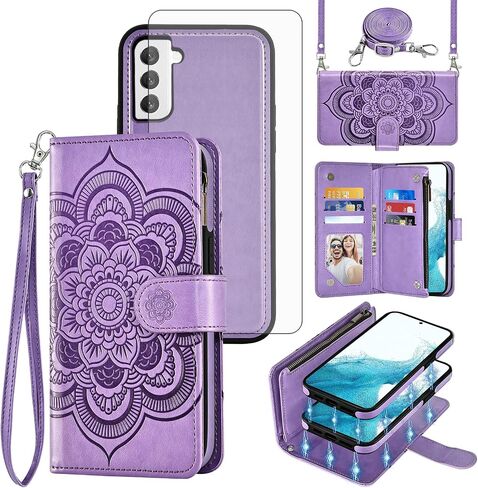 Asuwish Phone Case for Samsung Galaxy S22 5G Zipper Wallet Detachable Cell Cover with Tempered Glass Screen Protector Crossbody Strap Flower Card Holder Slot S 22 22S 4G G5 6.1 inch Women Girls Blue in Saudi Arabia