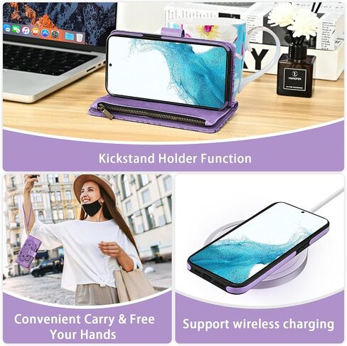 Asuwish Phone Case for Samsung Galaxy S22 5G Zipper Wallet Detachable Cell Cover with Tempered Glass Screen Protector Crossbody Strap Flower Card Holder Slot S 22 22S 4G G5 6.1 inch Women Girls Blue in Saudi Arabia