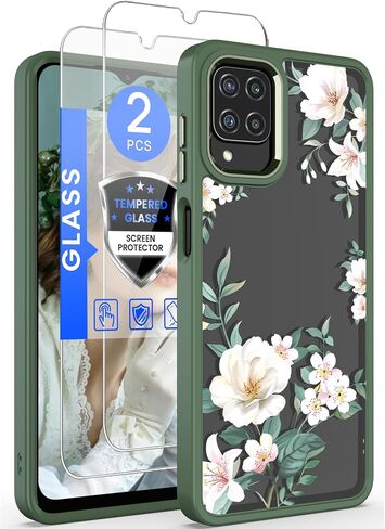 Dretal for Samsung Galaxy A12 5G Case, with Tempered Glass Screen Protector, Military Grade Drop Tested Hard Back & Soft Edge Slim Flower Women Girls Protective Cover for A12 (Purple) in Saudi Arabia