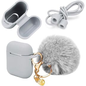 Silicone Hang Case Cover with Locking Carabiner and Fur Ball Keychain Compatible with Airpod Charging Case - Anti-dust Shockproof Silicone Shell Headphone Accessories (Turquoise)