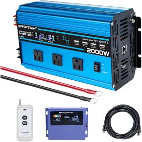2000w Pure sine Wave Inverter DC 12V to AC 110V/120V Converter, with LCD Display, Wireless/Wired Remote Control, 3AC outlets and 4USB, Ideal for Camping,RV Travel, Off-Grid Solar Systems
