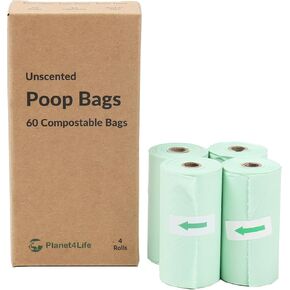 100% Compostable & Biodegradable Dog Poop Bags Leak-Proof and Extra Thick Light Green Dog Bags Pet Waste Bags for Big and Small Dogs - 60 Count - 4 Refill Rolls - Unscented - Planet4Life