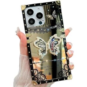 Cute Compatible with iPhone 14 Pro Max Case with Luxury Bling Glitter Butterfly Foldable Stand Kickstand,Glitter Soft PC Mirror Bumper Protective Cover for Women & Girls(Light Gold)