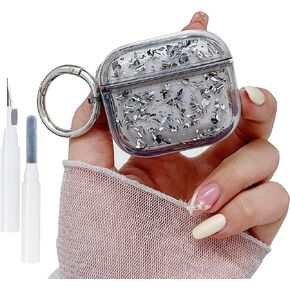 Purple Silver foil Glitter for AirPods 3 Case 3st Generation Cover Clear 2021, Cute Flower Pendant, Cleaning Pen Kit, Soft TPU Silicone Protective Cover for AirPods 3 Case for Girl Women Transparent