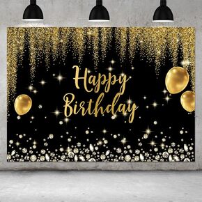 7X5FT Black Gold Happy Birthday Photography Backdrops Diamond Gold Balloon Bokeh Glitter Baby Shower Party Photo Background Indoor Outdoor Decoration Sign Polyester