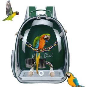 Bird Traval Carrier Cage, Multi Vent Holes Clear Space Capsule Astronaut Backpack to Carry Parakeet Cockatiel Parrot with Metal Tray Wood Perch, Vet Transport Book Bag (Green)