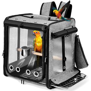 Suertree Bird Carrier with Seat Belt for Car Travel, Bird Backpack Carrier with Indestructible Stainless Steel Mesh, Large Bird Carrier Travel Cage, Black