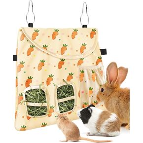 Bissap Rabbit Hay Feeder Bag, 2 Holes Hanging Hay Feeder Guinea Pig Hay Bag with Side Pocket for Rabbits Bunny Chinchillas Hamsters Rats and Other Small Pets Small Animal - Beige