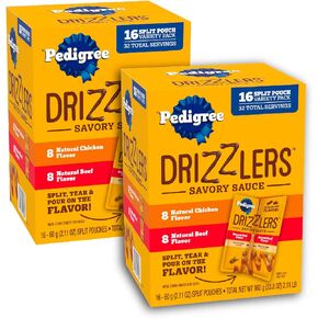 Pedigree Drizzlers Wet Dog Food Savory Sauce Multipack, 60g Dual-Serving Pouches, 16 Count, Pack of 2 (32 Pouches, 64 Servings Total)