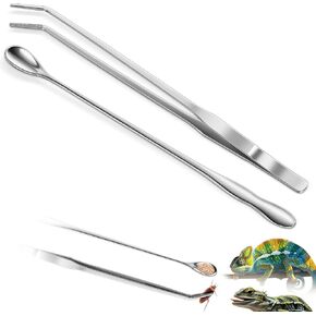 2pcs Reptile Feeding Tongs, Feeding Spoon, Stainless Steel Aquarium Feeding Tools, Curved Long Tweezers 10.6 in, Long Spoon 10 in (Coffee Spoon) for Feeding Lizards, Bearded Dragons and More.