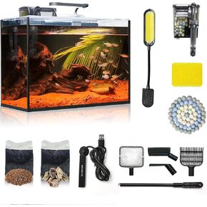 Aquarium Desktop Set 2.6 Gallon Small Fish Tank, Ultra Clear Glass Self Cleaning Filter Bright Light Heater Rocks Gravel Cleaning Tool, Rimless Fish Bowl for Beginners Starter Kit Fish Keeping