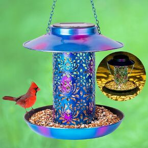 Ottsuls Solar Bird Feeder لـ Outdoors Hanging ، Cardinals Cardinals Metal مع خطاف S ، مقاوم للطقس ومقاوم للماء كأفكرة هدية للنساء عشاق الطيور الجدة (الأزرق)