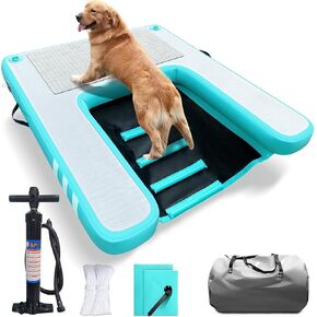 Inflatable Large Dog Water Ramp Float Floating Ramp-Swimming Pets Up to 200 Pounds Large Dogs-Inflatable Stairs for Boats, Docks, with Pump/Rope/Repair Kit - PVC Anti-Slip Fabric