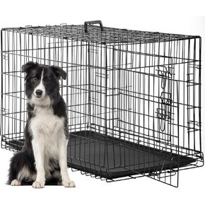 FDW Dog Crate for Large Dogs 48 Inch Folding Metal WirePet Cage Double Door W/Divider Panel Indoor Outdoor Kennel Leak-Proof Plastic Tray,Black