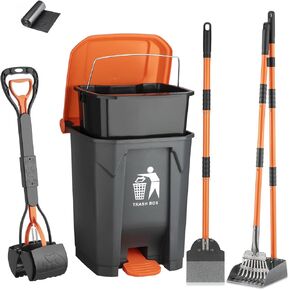 Pooper Scooper Set 6 Pack,15L OdorLock Trash Can Outside with 20 Waste Bags, 38" Dog Pooper Scooper for Large Medium Small Dog in Grass/Gravel, Adjustable Back-Saving Stainless Metal Tray&Rake&Spade