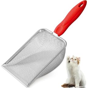 Cat Litter Scoop - Long Handle Scooper, Rustproof Stainless Steel Mesh, Non-Slip Grip, Deep Shovel Sifter for All Litter Types, Easy Clean Kitty Waste Lifter for Litter Box